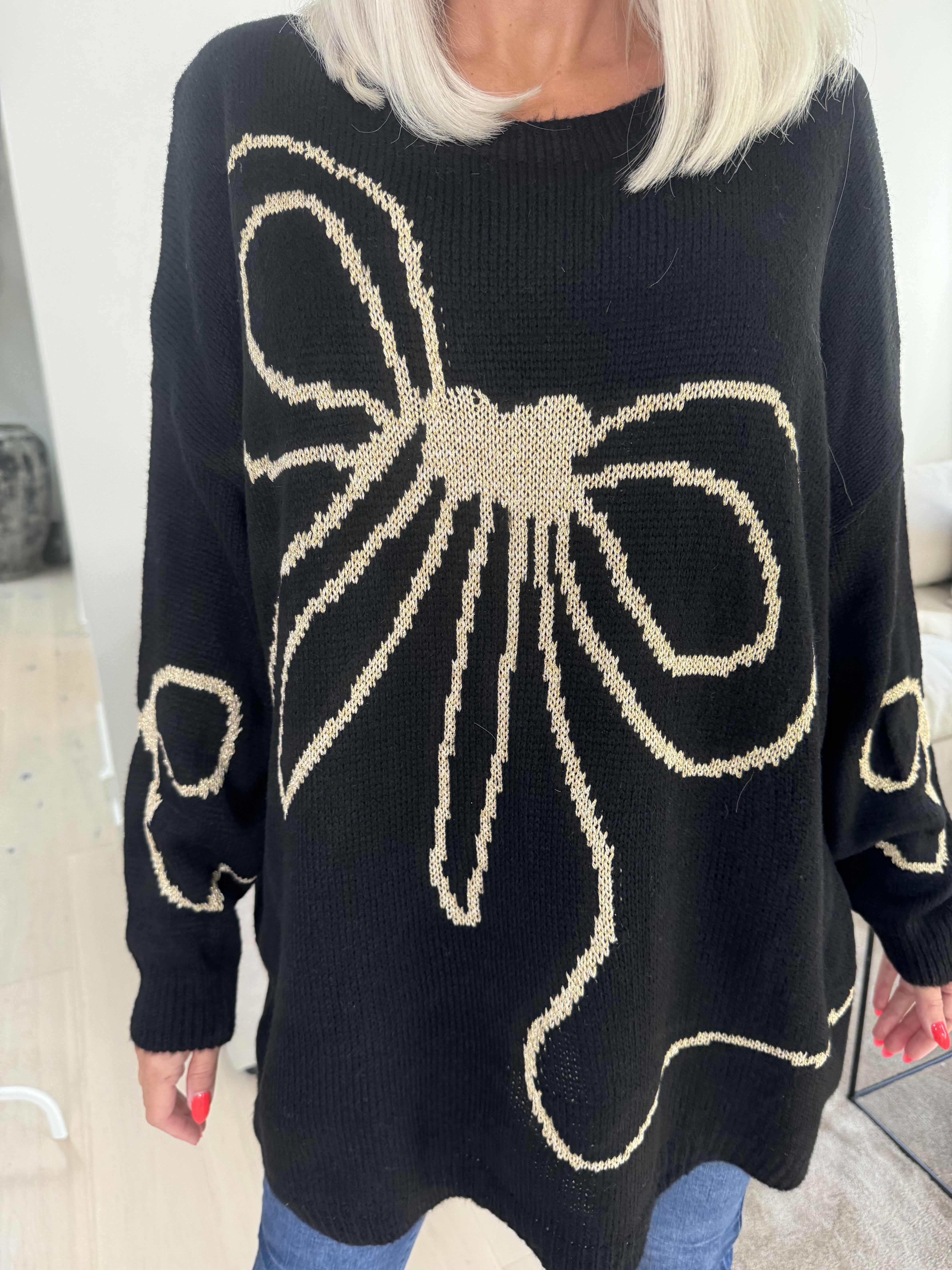 Ruby - Striktrøje med uld og sløjfe i guldtråde